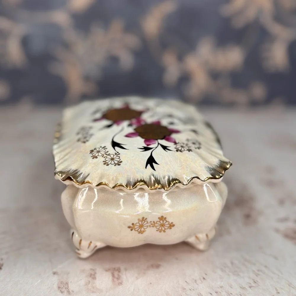 Vintage Japanese Hand-Painted Porcelain Trinket Box Floral Iridescent